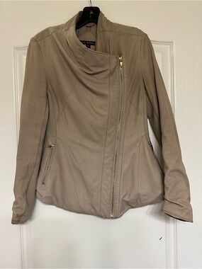 Via Spiga Taupe Asymmetric Peplum Zip Leather Jacket Small